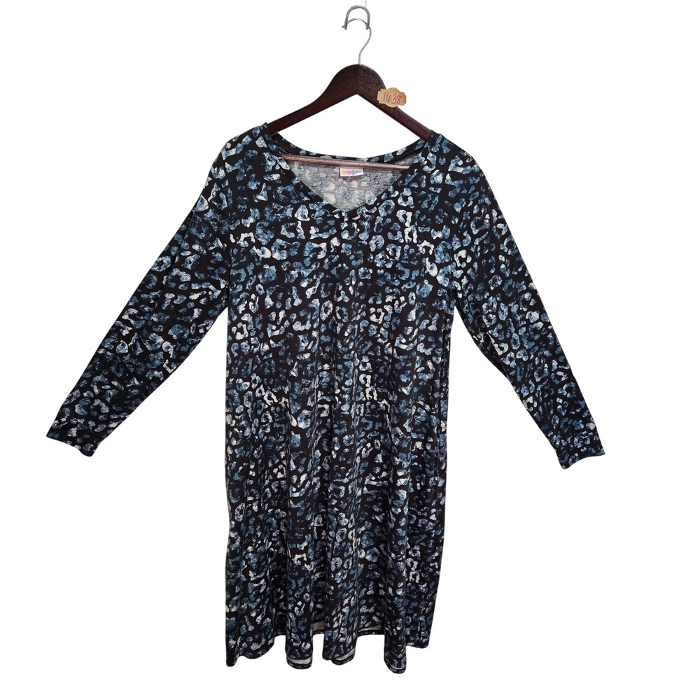LuLaRoe Nicole Dress XL Blue Black Leopard Animal Print Long Sleeve V-Neck Swing